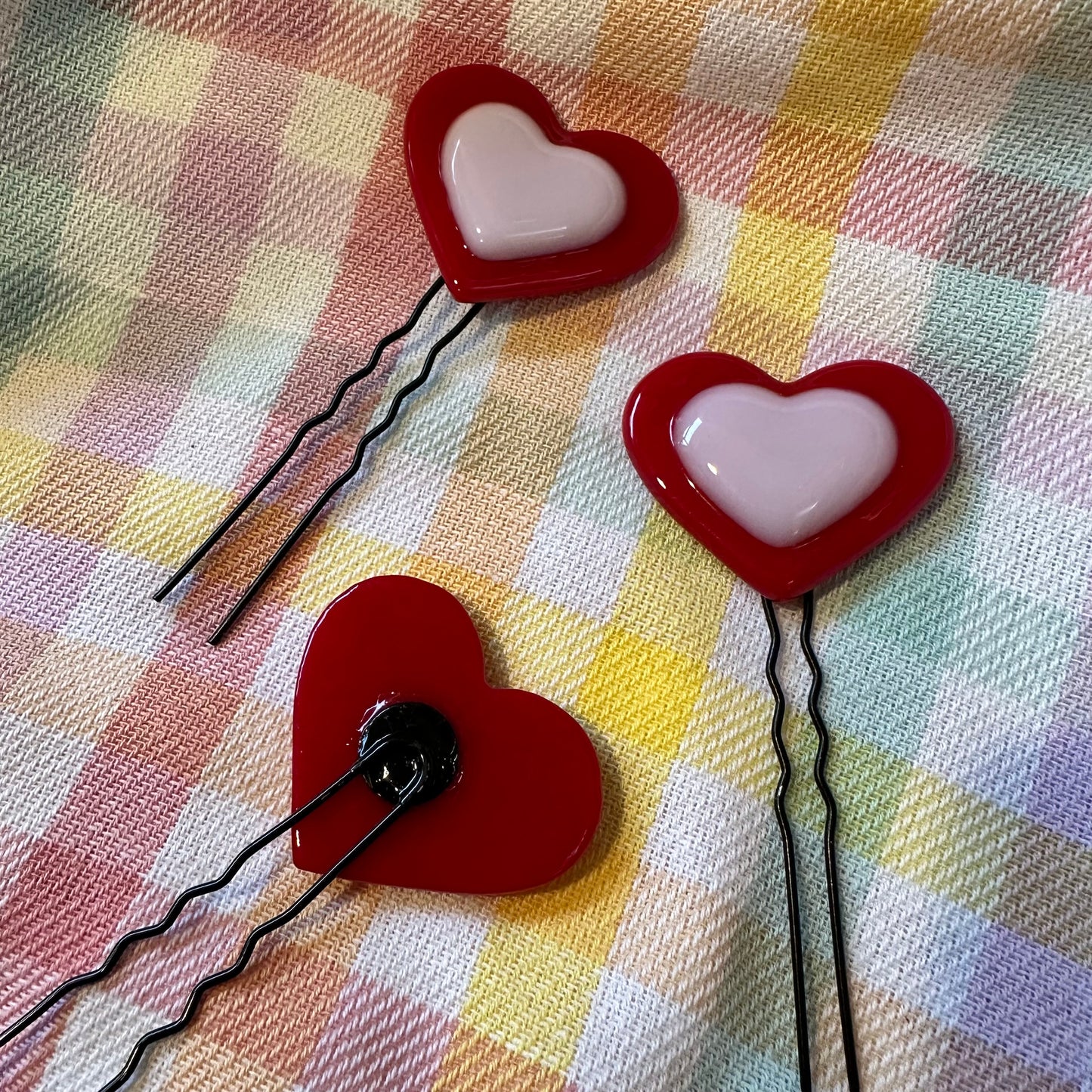 Red & Petal Pink Heart Hair Pins