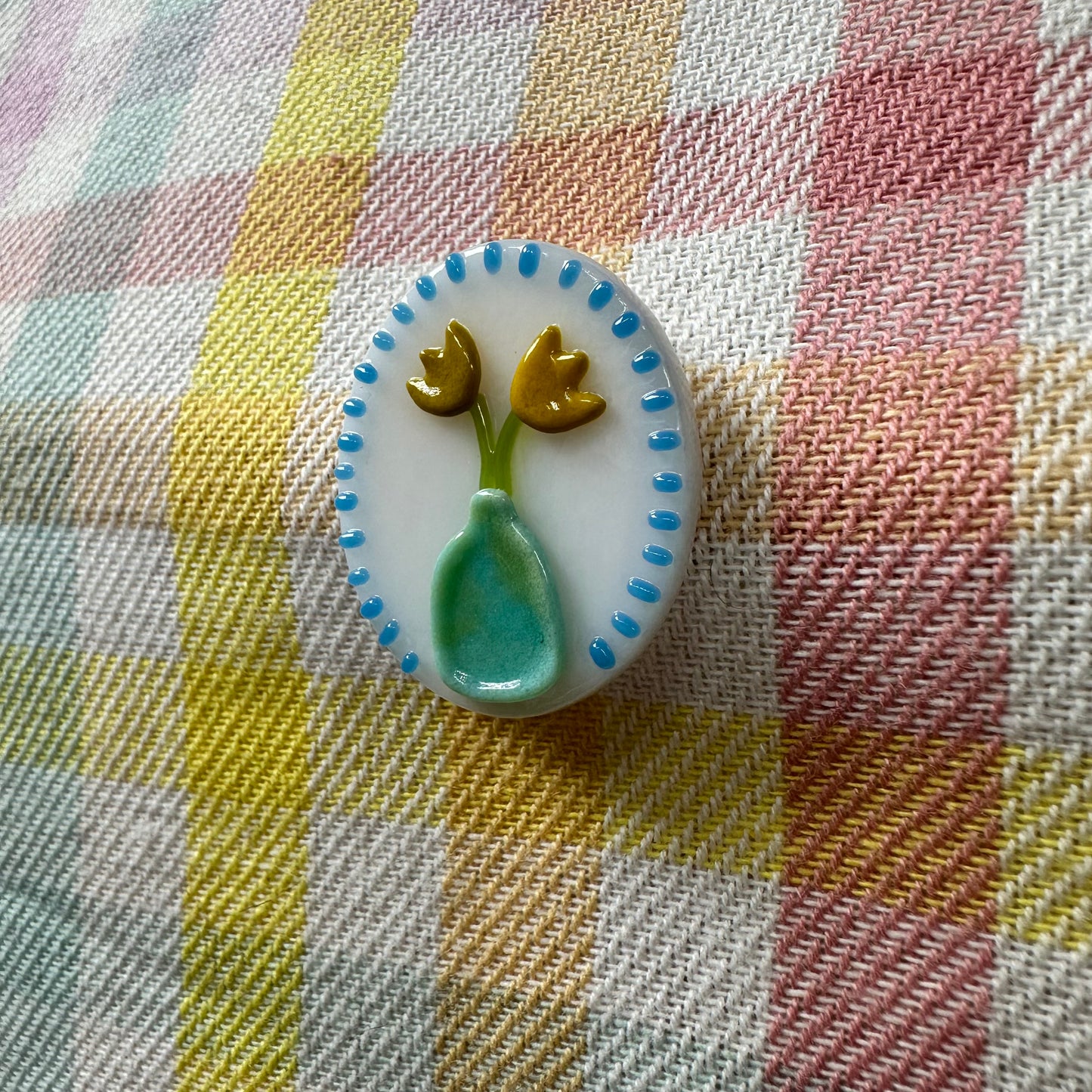 Yellow Tulips in Turquoise Vase Cutie