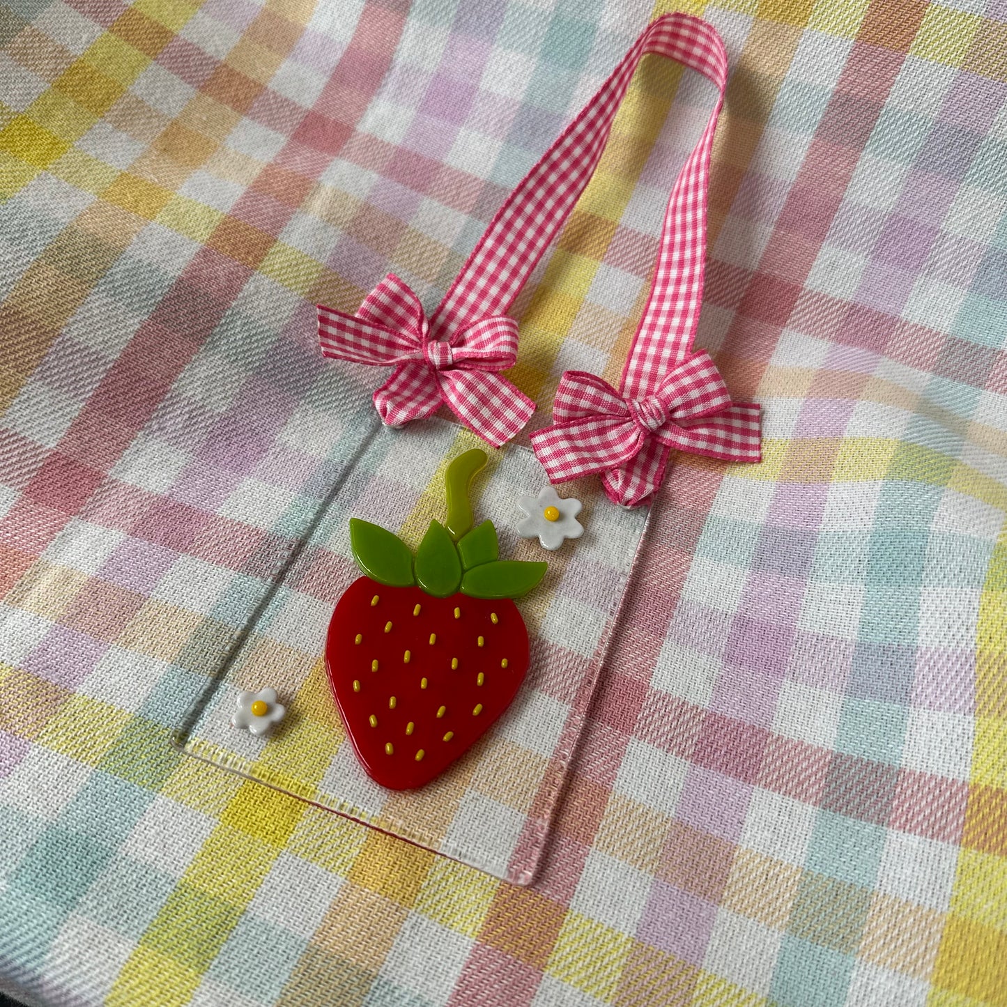 Dainty Strawberry Suncatcher with Pink Gingham Ribbon