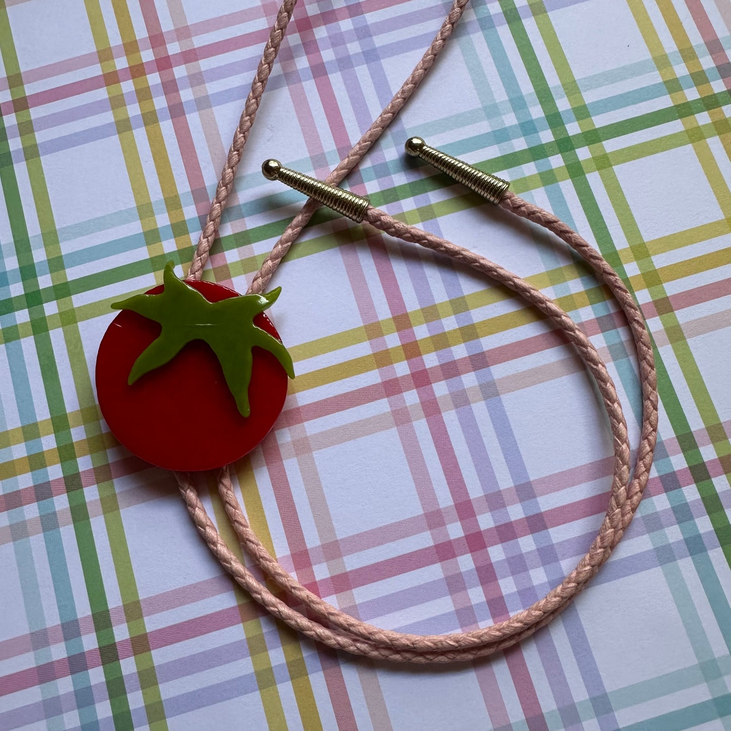 Large Red Cherry Tomato Bolo Tie w/ Pink Cord *small imperfection