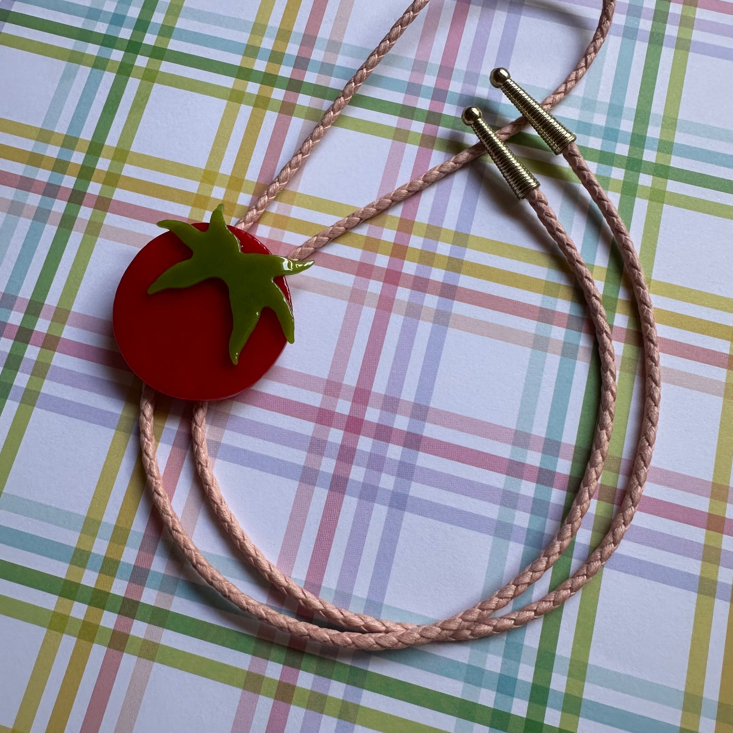 Large Red Cherry Tomato Bolo Tie w/ Pink Cord