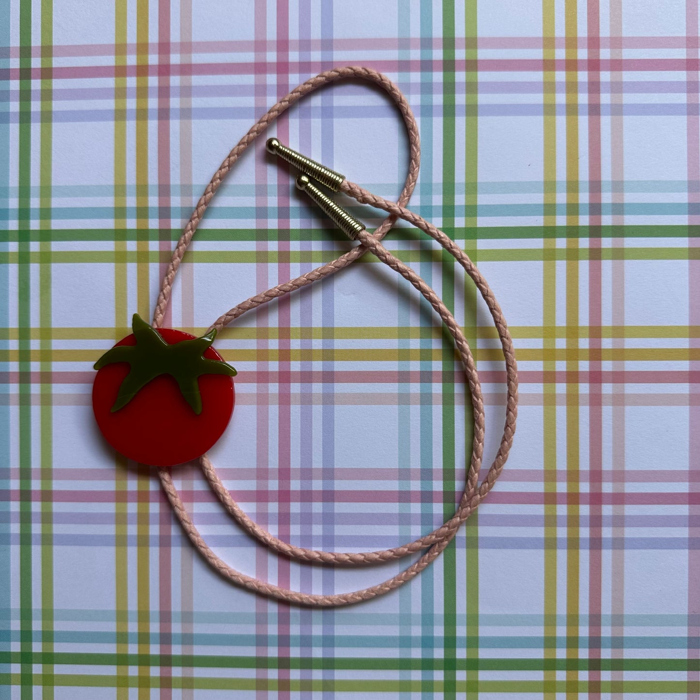 Large Red Cherry Tomato Bolo Tie w/ Pink Bolo Cord