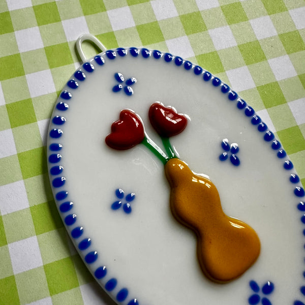 Yellow Pitcher Vase with Yellow/Red Tulips Cutie Plaque
