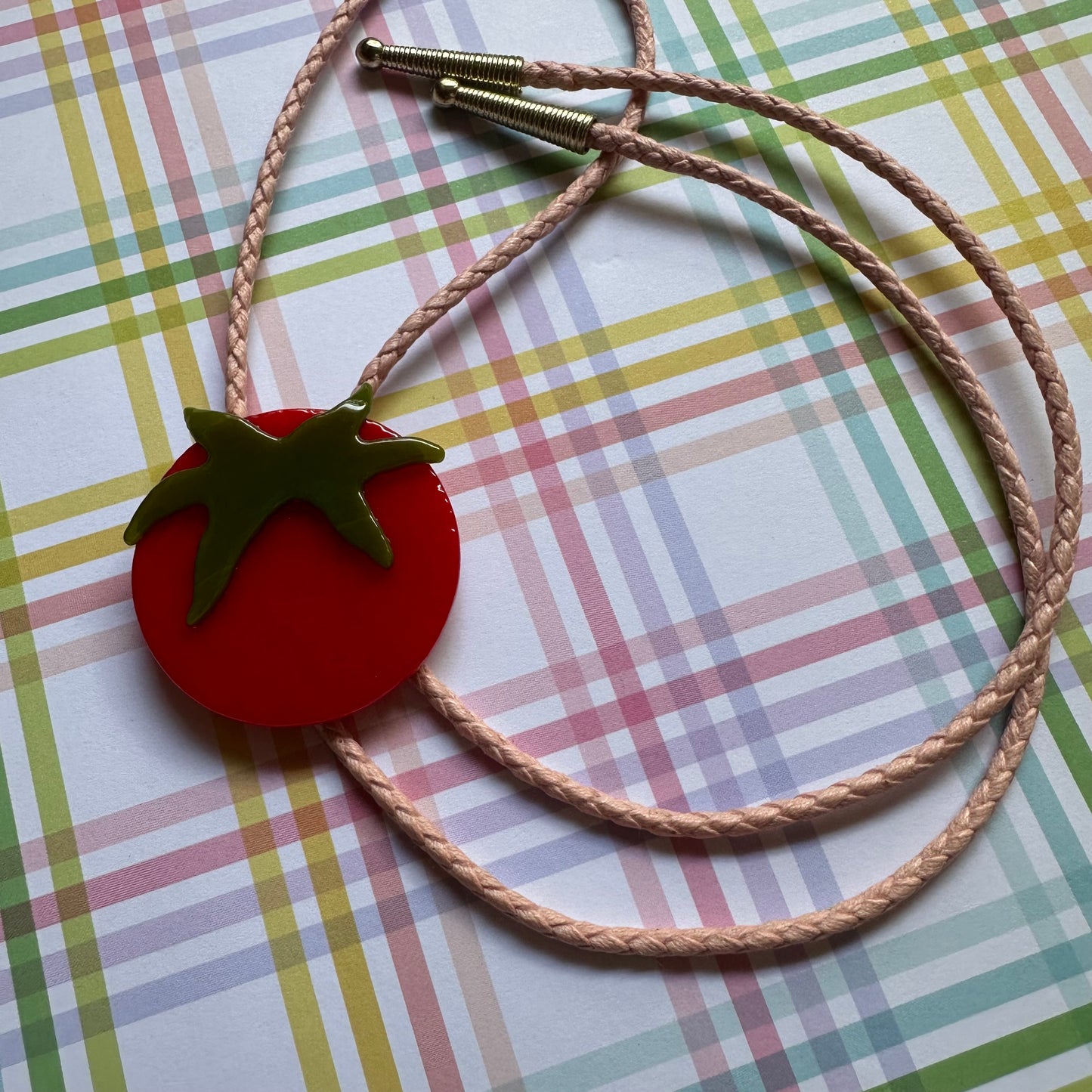 Large Red Cherry Tomato Bolo Tie w/ Pink Bolo Cord
