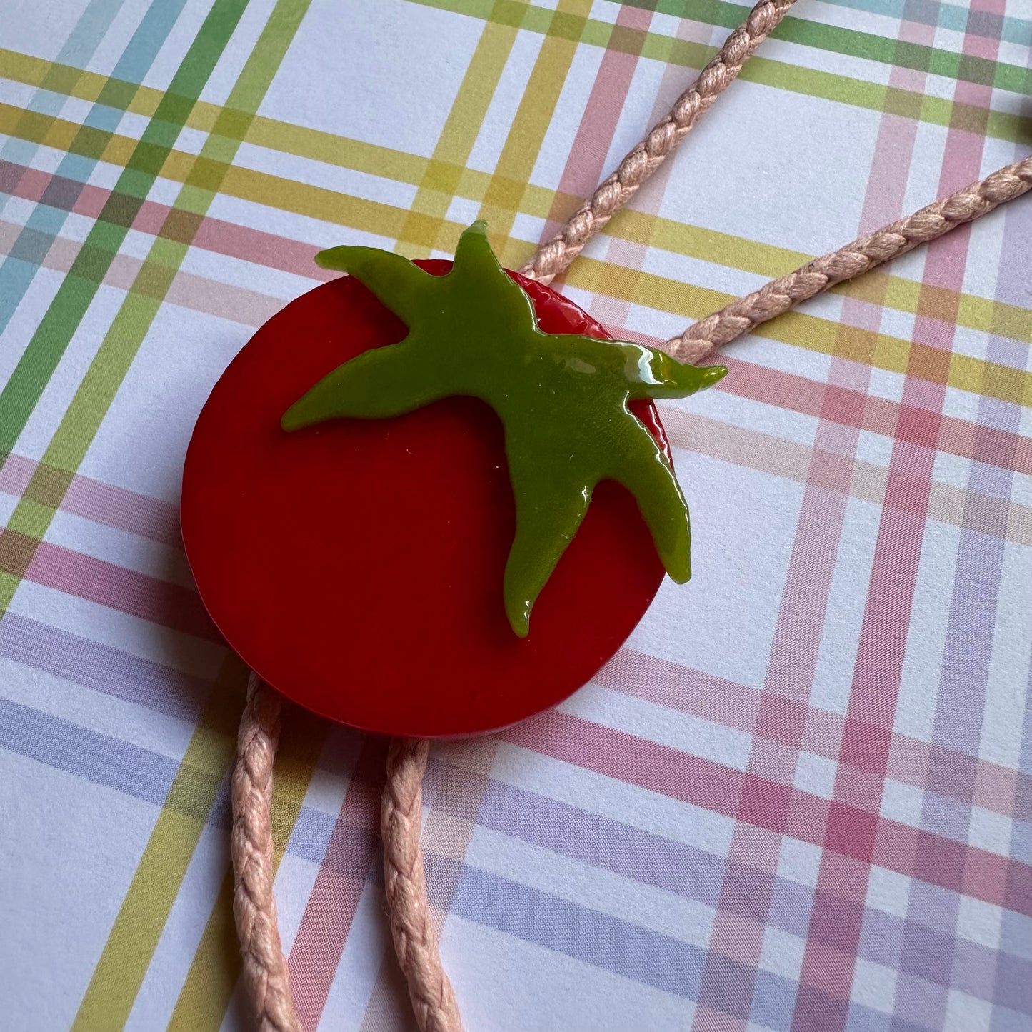 Large Red Cherry Tomato Bolo Tie w/ Pink Cord
