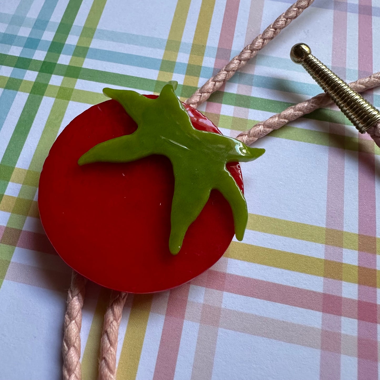 Large Red Cherry Tomato Bolo Tie w/ Pink Cord *small imperfection