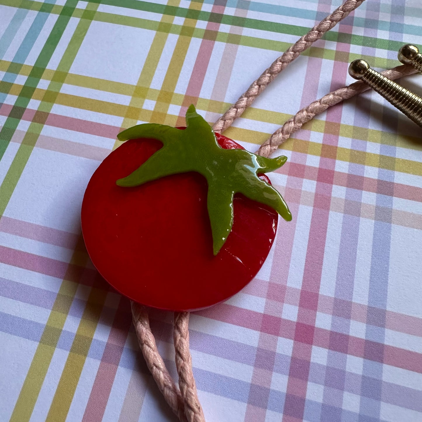 Large Red Cherry Tomato Bolo Tie w/ Pink Cord