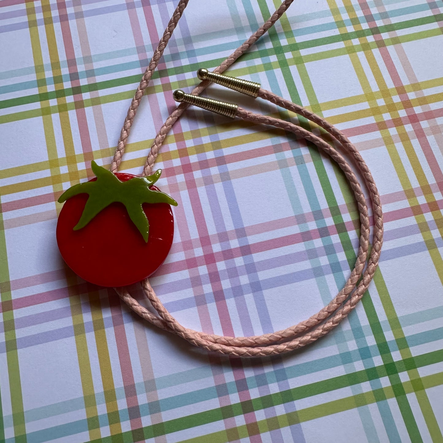 Large Red Cherry Tomato Bolo Tie w/ Pink Cord