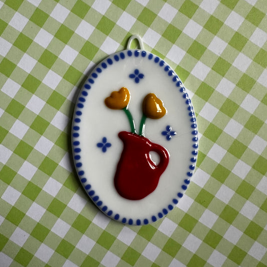 Red Pitcher Vase with Yellow Tulips Cutie Plaque