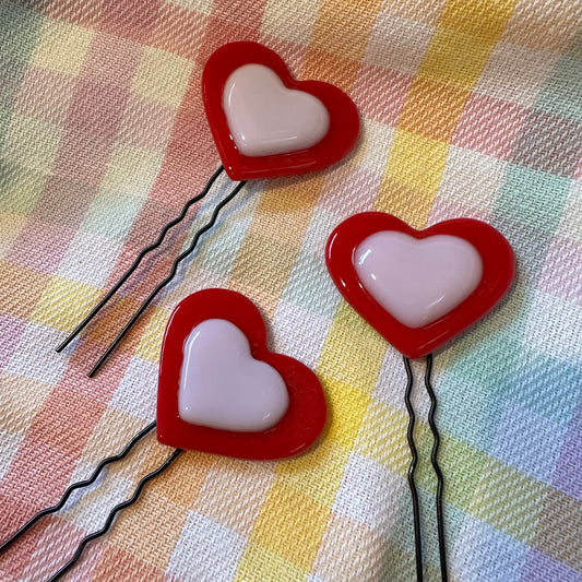 Red & Petal Pink Heart Hair Pins