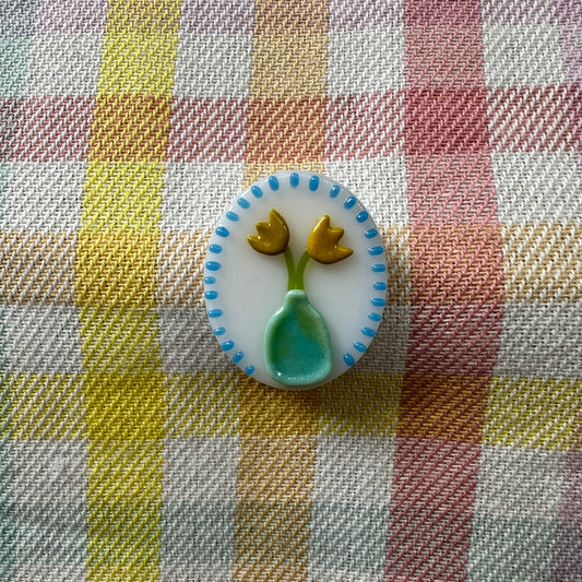 Yellow Tulips in Turquoise Vase Cutie