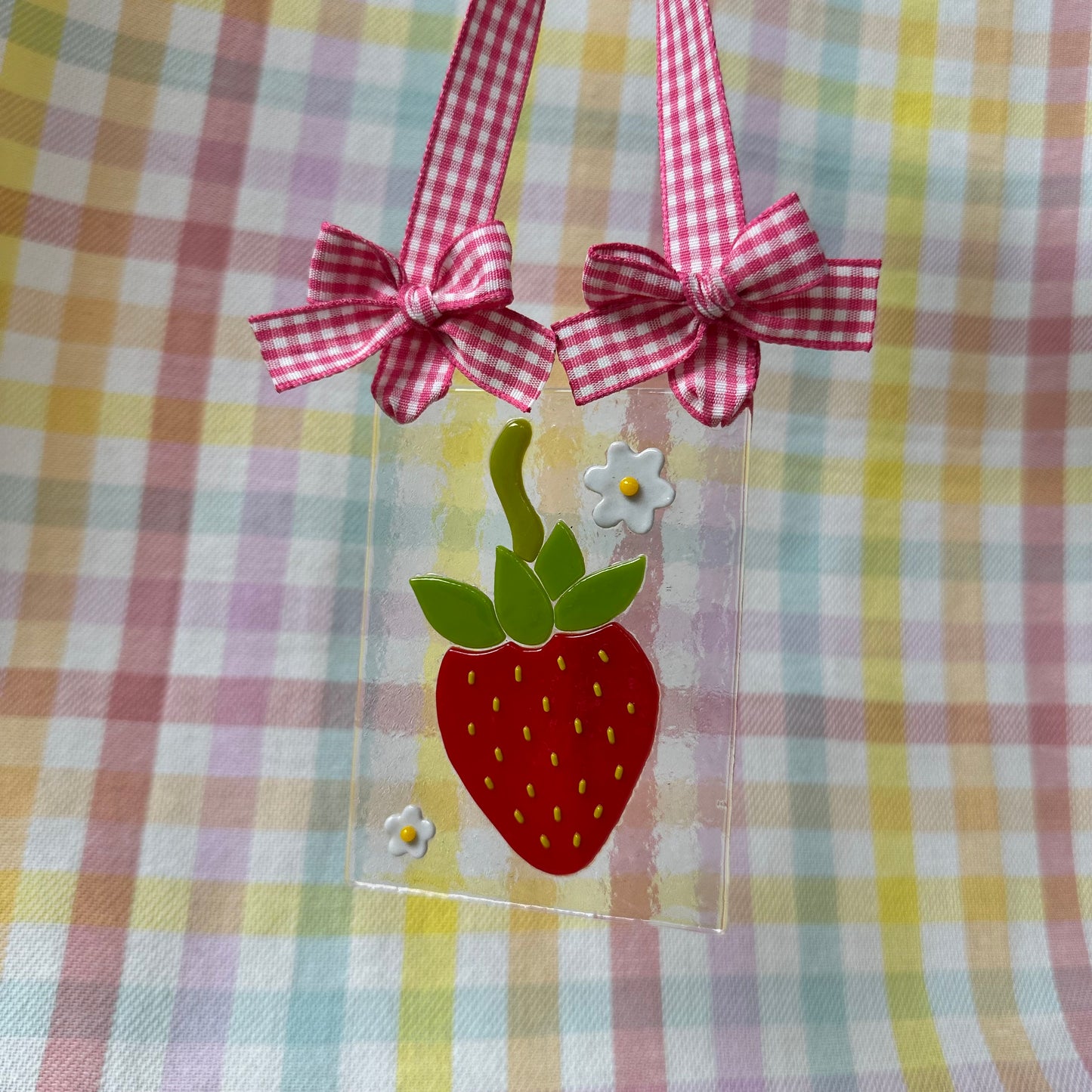 Dainty Strawberry Suncatcher with Pink Gingham Ribbon