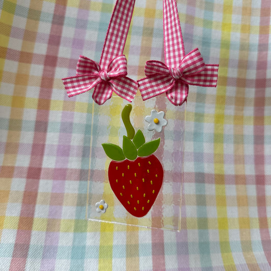 Dainty Strawberry Suncatcher with Pink Gingham Ribbon