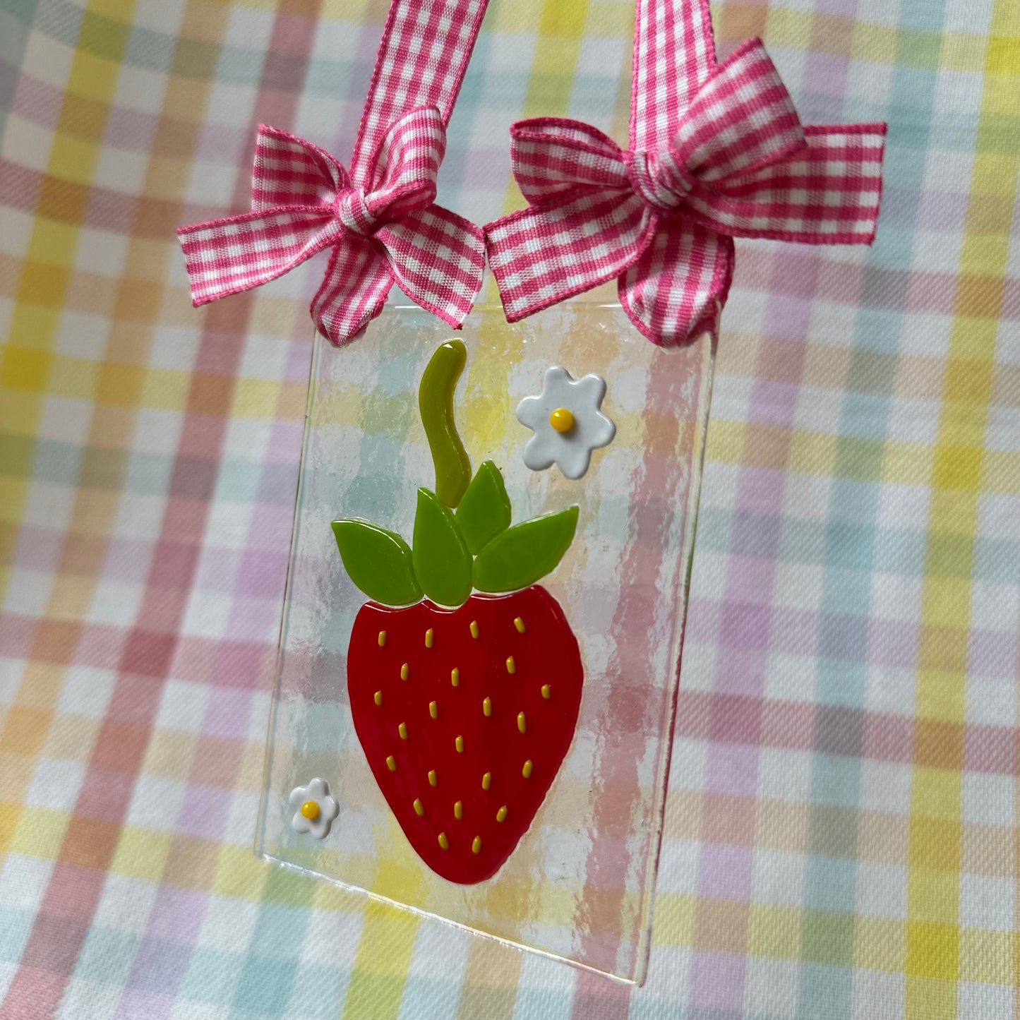 Dainty Strawberry Suncatcher with Pink Gingham Ribbon