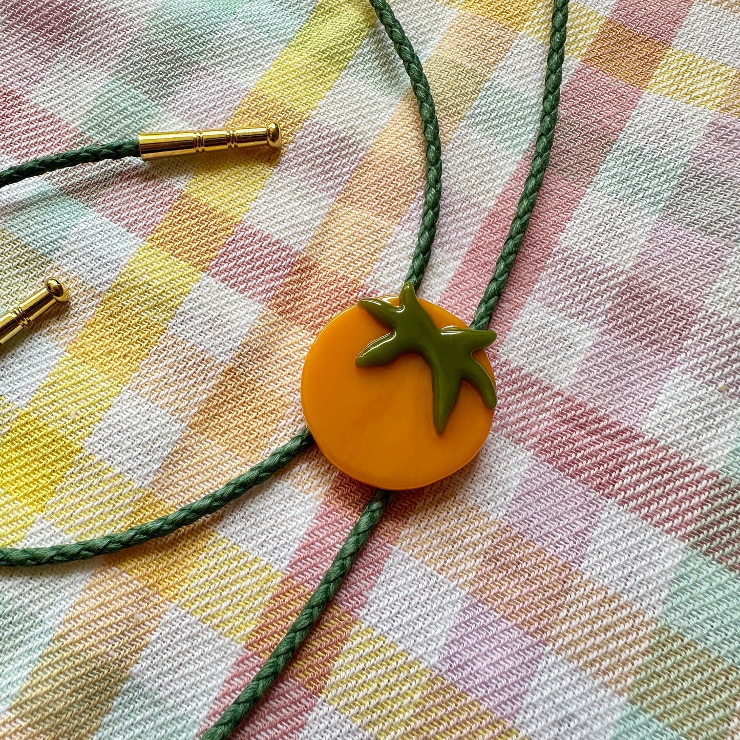 Yellow Tomato Bolo Tie w/ Green Cord B