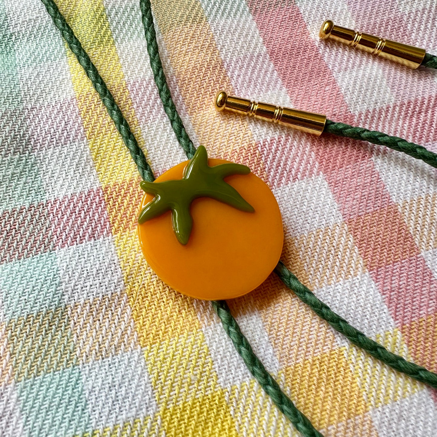 Yellow Tomato Bolo Tie w/ Green Cord B