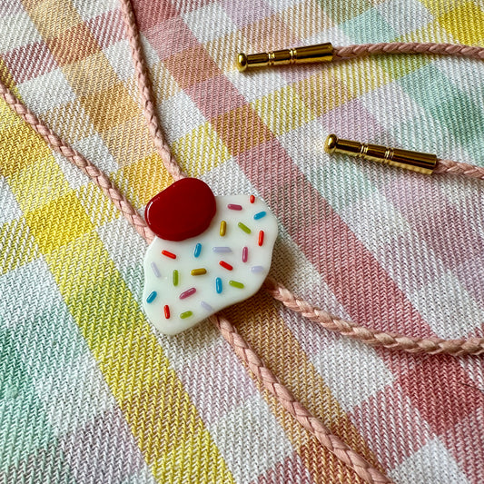White Whipped Cream Dollop Bolo Tie w/ Pink Cord