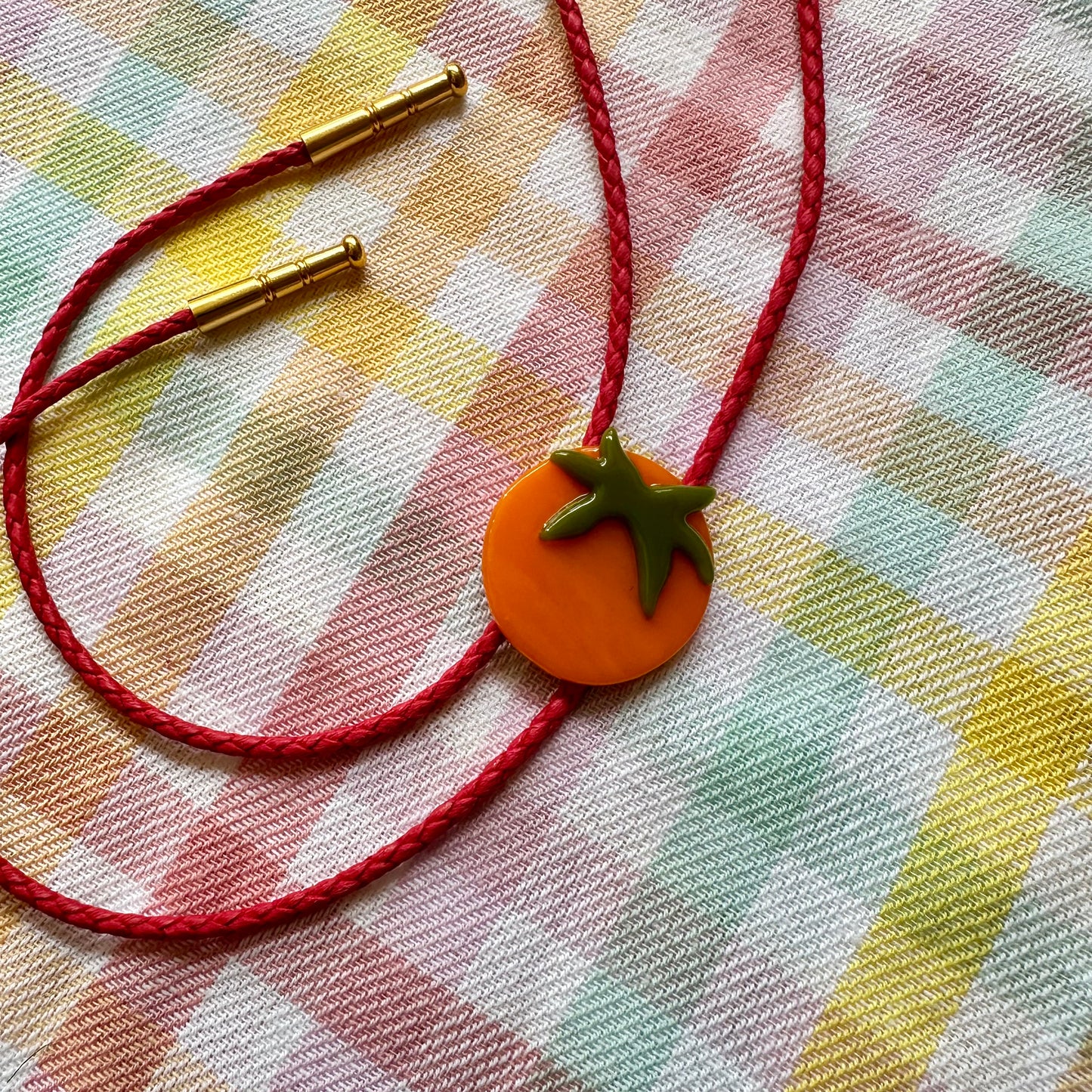 Orange Tomato Bolo Tie w/ Red Cord A