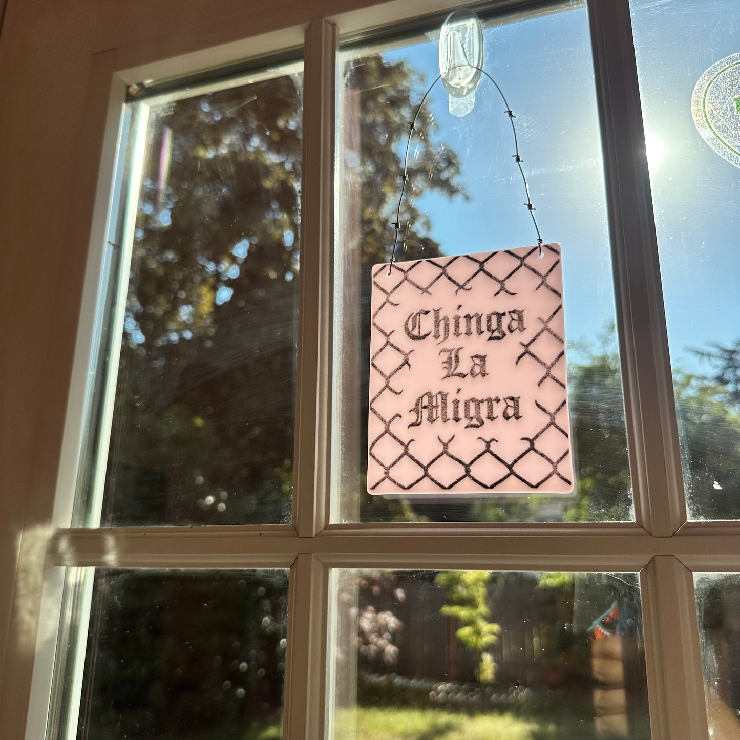Petal Pink & Black Chinga La Migra Sun Catcher