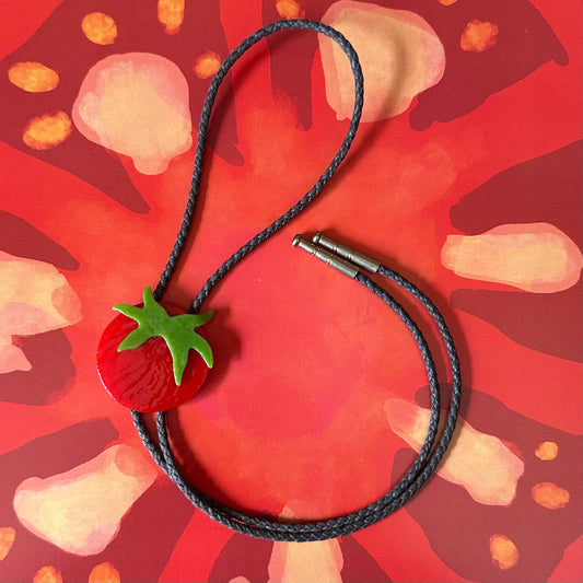 Large Red Cherry Tomato Bolo Tie w/ Brown Cord (#2)