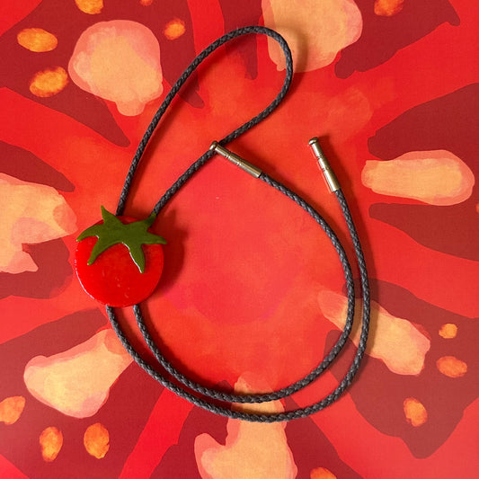 Large Red Cherry Tomato Bolo Tie w/ Brown Cord (#1)