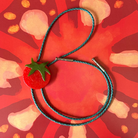 Large Red Cherry Tomato Bolo Tie w/ Green Cord (#1)