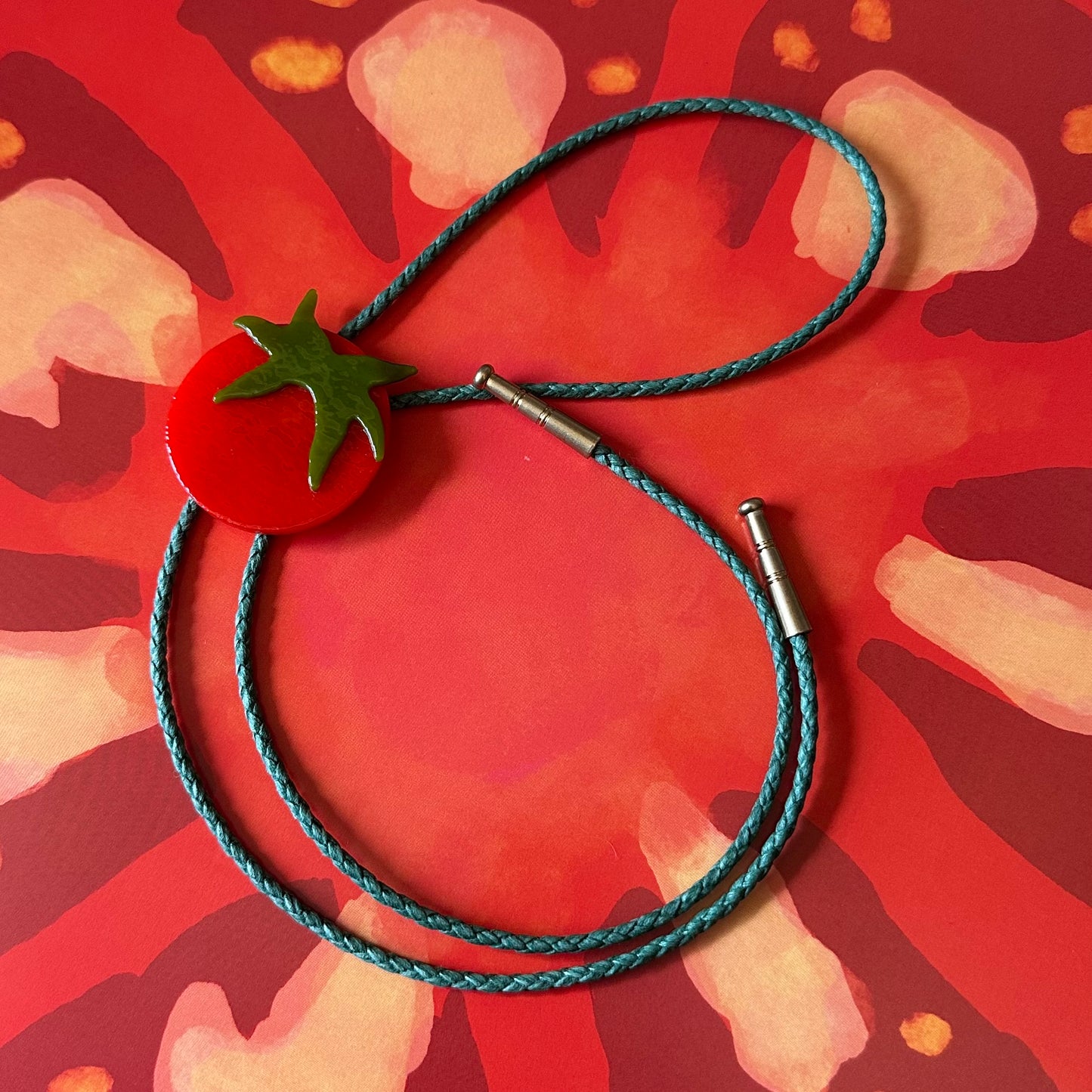 Large Red Cherry Tomato Bolo Tie w/ Green Cord (#1)