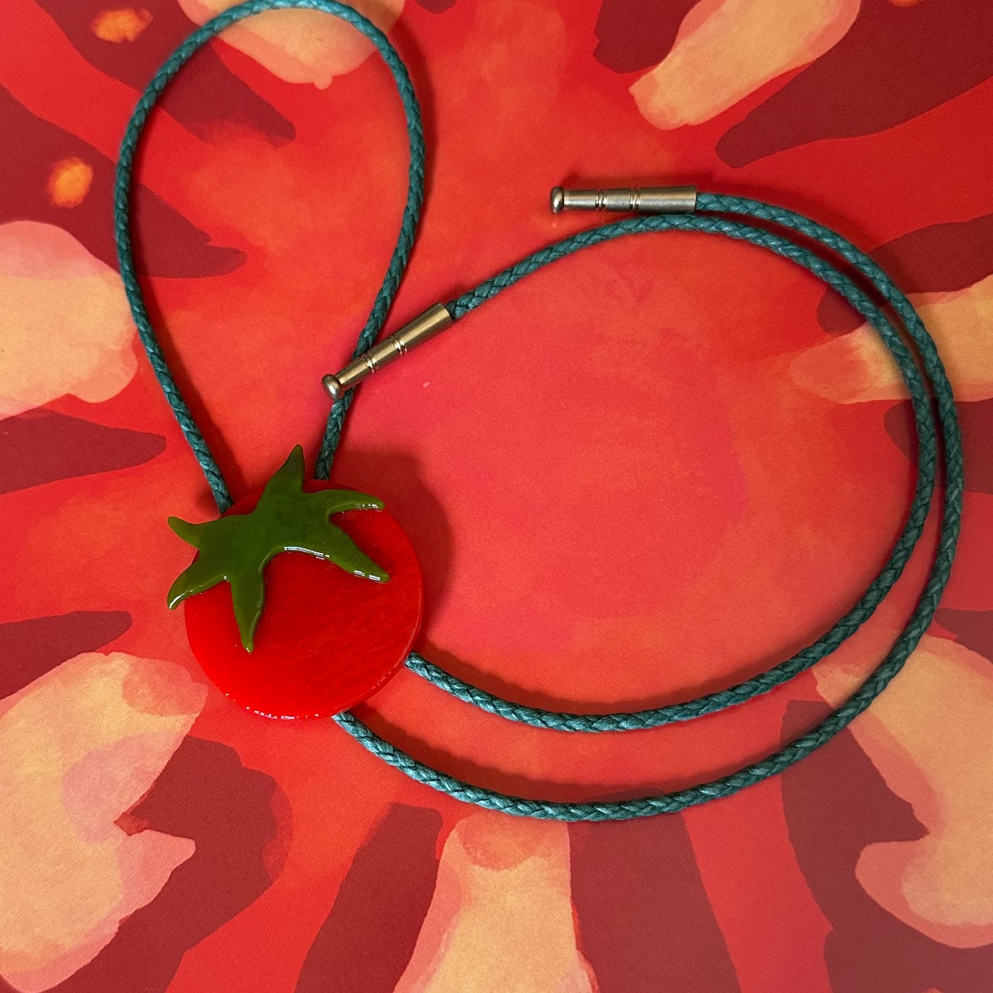 Large Red Cherry Tomato Bolo Tie w/ Green Cord (#1)