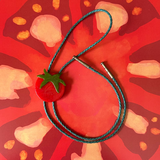 Large Red Cherry Tomato Bolo Tie w/ Green cord (#2)