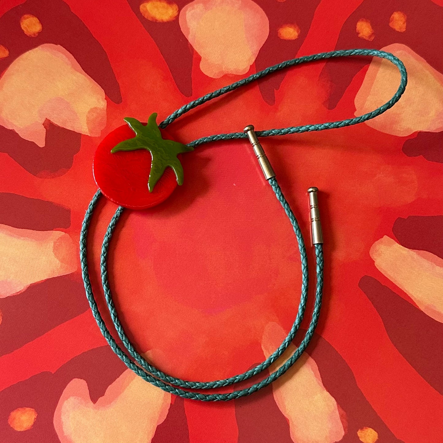 Large Red Cherry Tomato Bolo Tie w/ Green cord (#2)