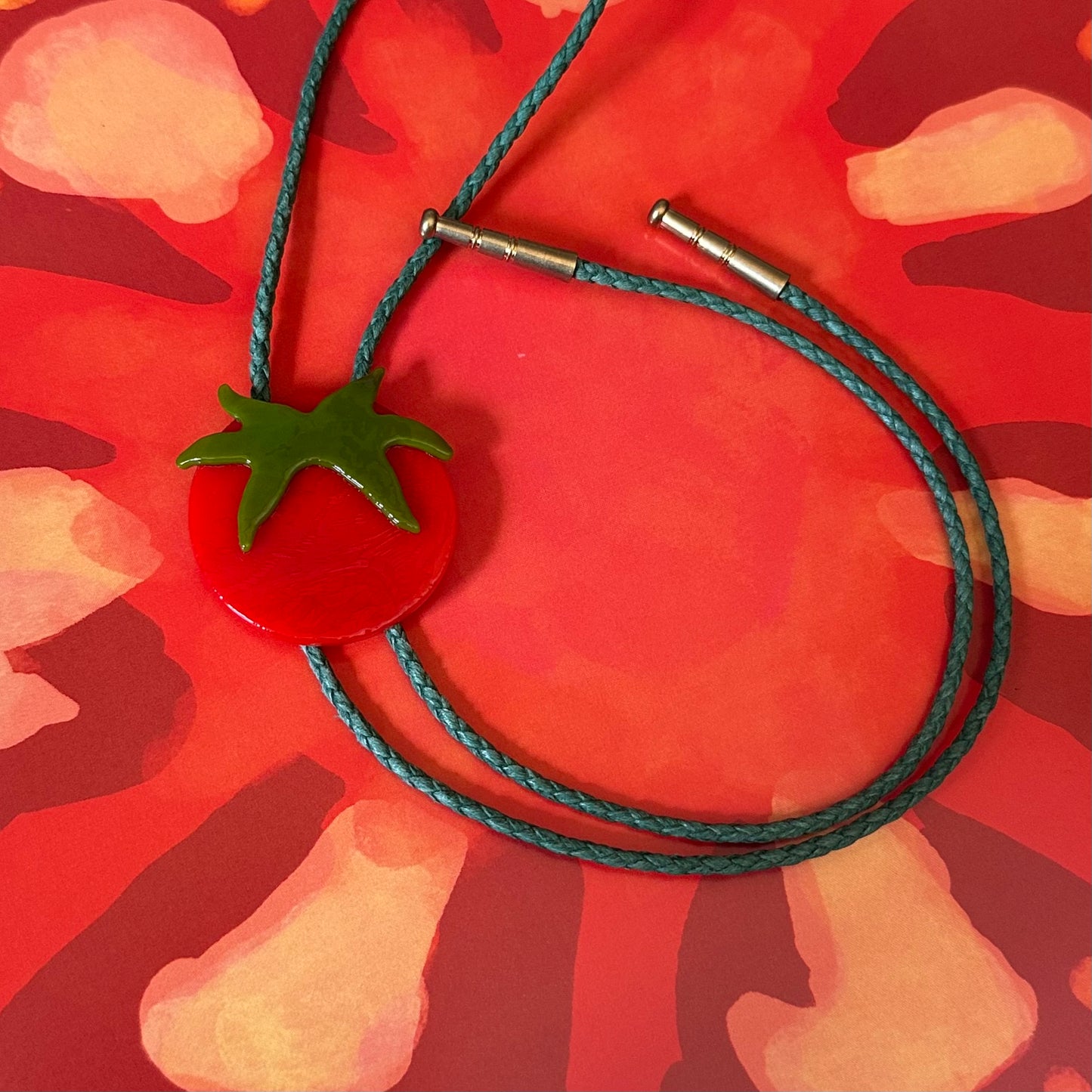 Large Red Cherry Tomato Bolo Tie w/ Green cord (#2)