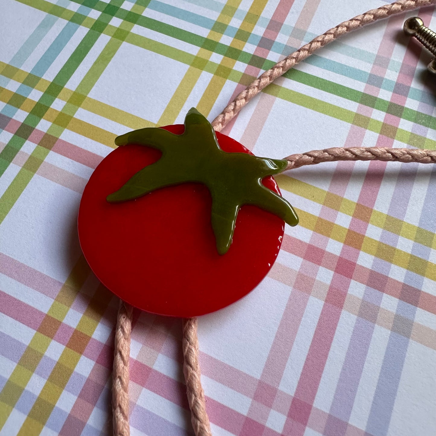 Large Red Cherry Tomato Bolo Tie w/ Pink Bolo Cord